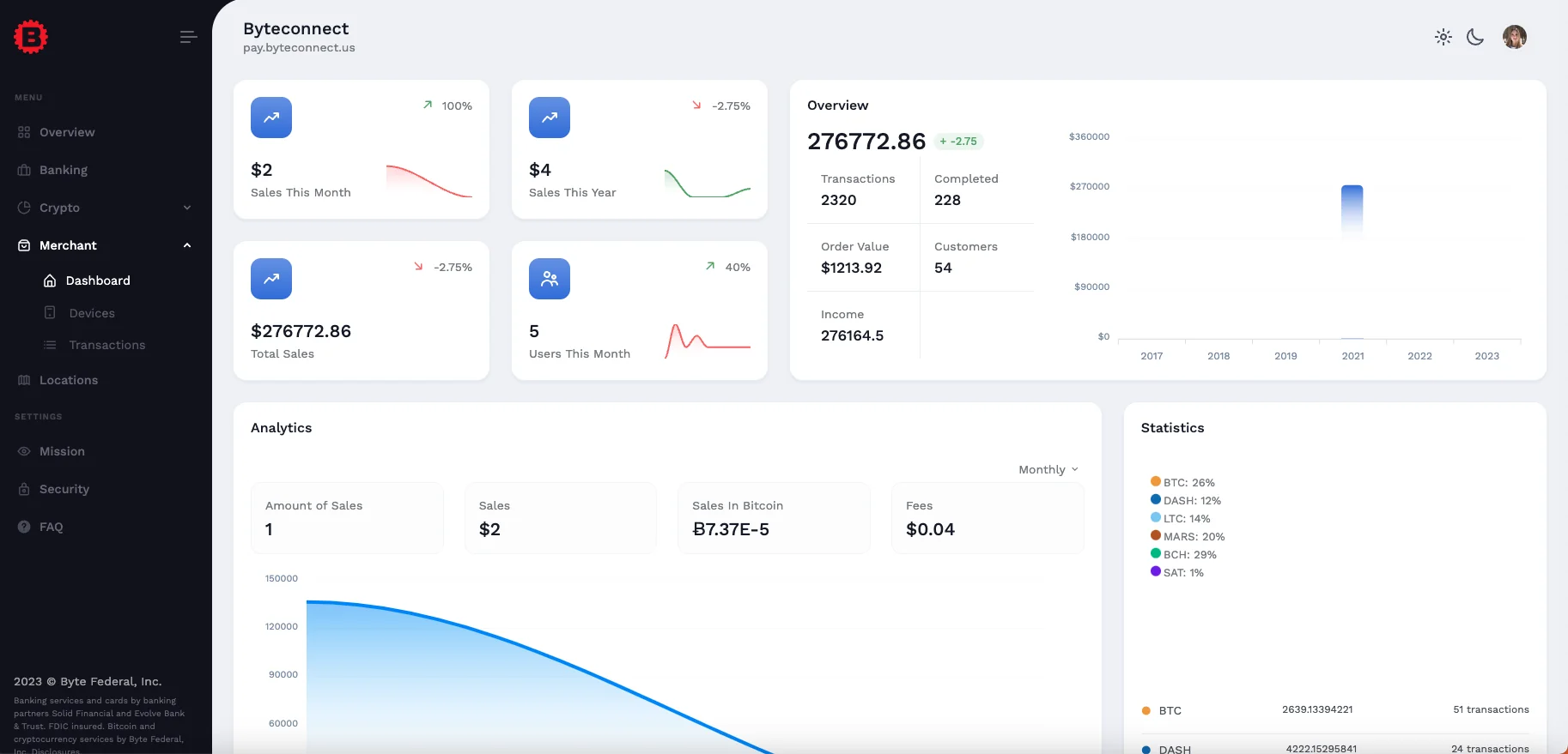 ByteConnect merchant dashboard