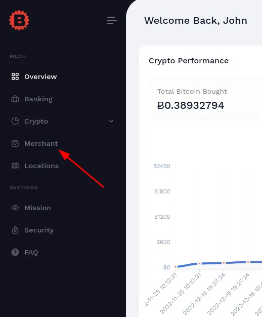WebWallet sidebar with Merchant section